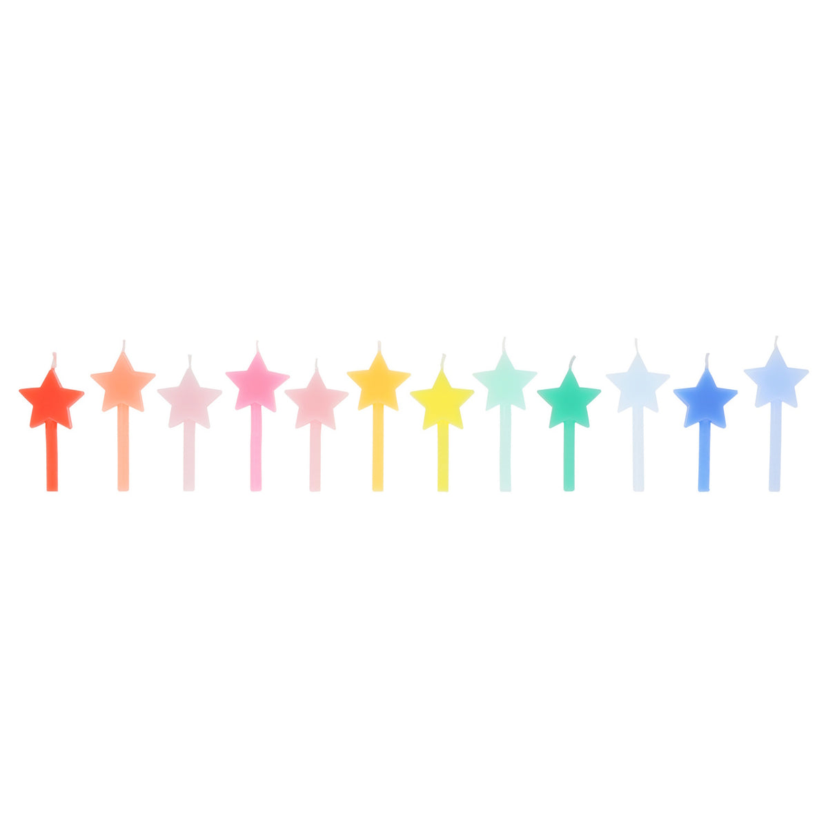 A row of 12 star-shaped birthday candles arranged in a rainbow gradient against a white background.