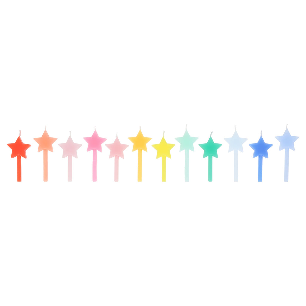 A set of colorful star-shaped candles on sticks, perfect for brightening up birthday cakes and festive celebrations.