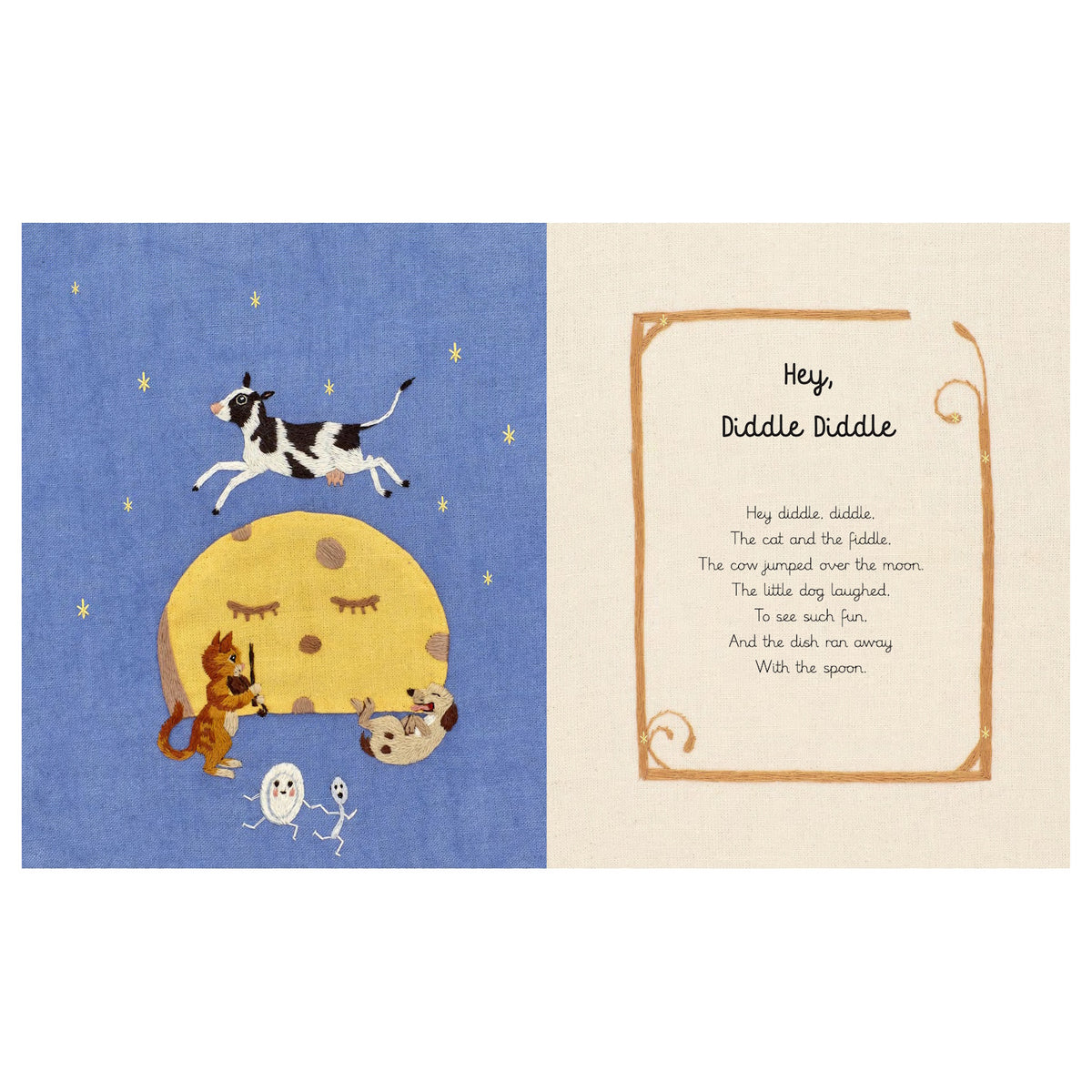 Embroidered nursery rhyme illustration of a cow jumping over a moon, a cat playing fiddle, and a dog laughing.