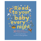 Embroidered cover of "Read to your baby every night" book featuring yellow text, flowers, and animals on a blue background.