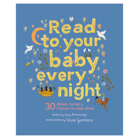Embroidered cover of "Read to your baby every night" book featuring yellow text, flowers, and animals on a blue background.