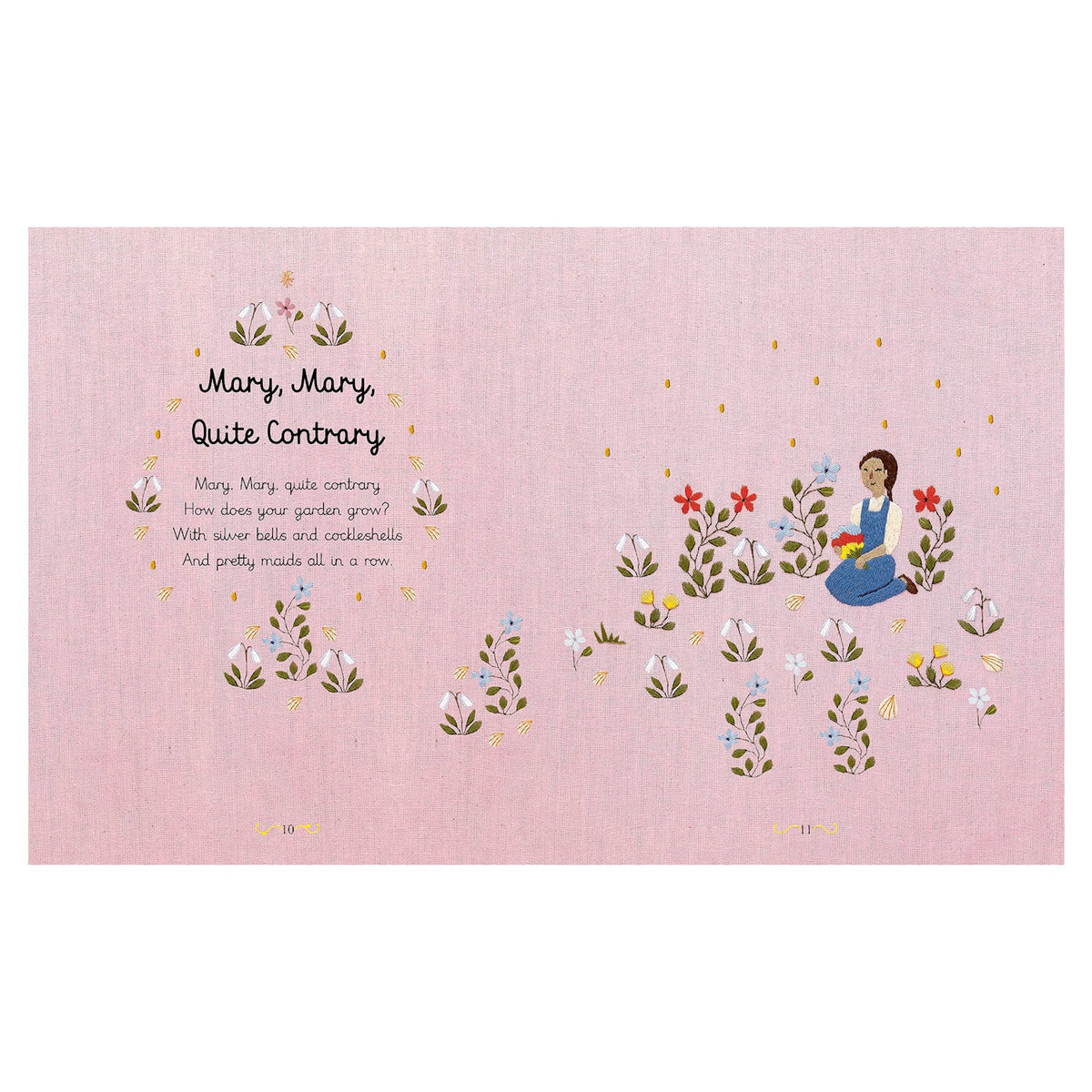 Embroidered nursery rhyme book page for "Mary, Mary, Quite Contrary" with a girl in a flower garden on pink fabric.