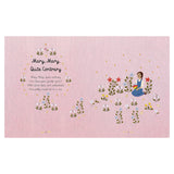 Embroidered nursery rhyme book page for "Mary, Mary, Quite Contrary" with a girl in a flower garden on pink fabric.