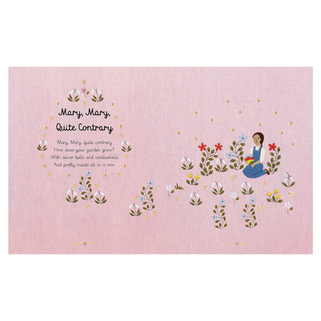 Embroidered nursery rhyme book page for "Mary, Mary, Quite Contrary" with a girl in a flower garden on pink fabric.