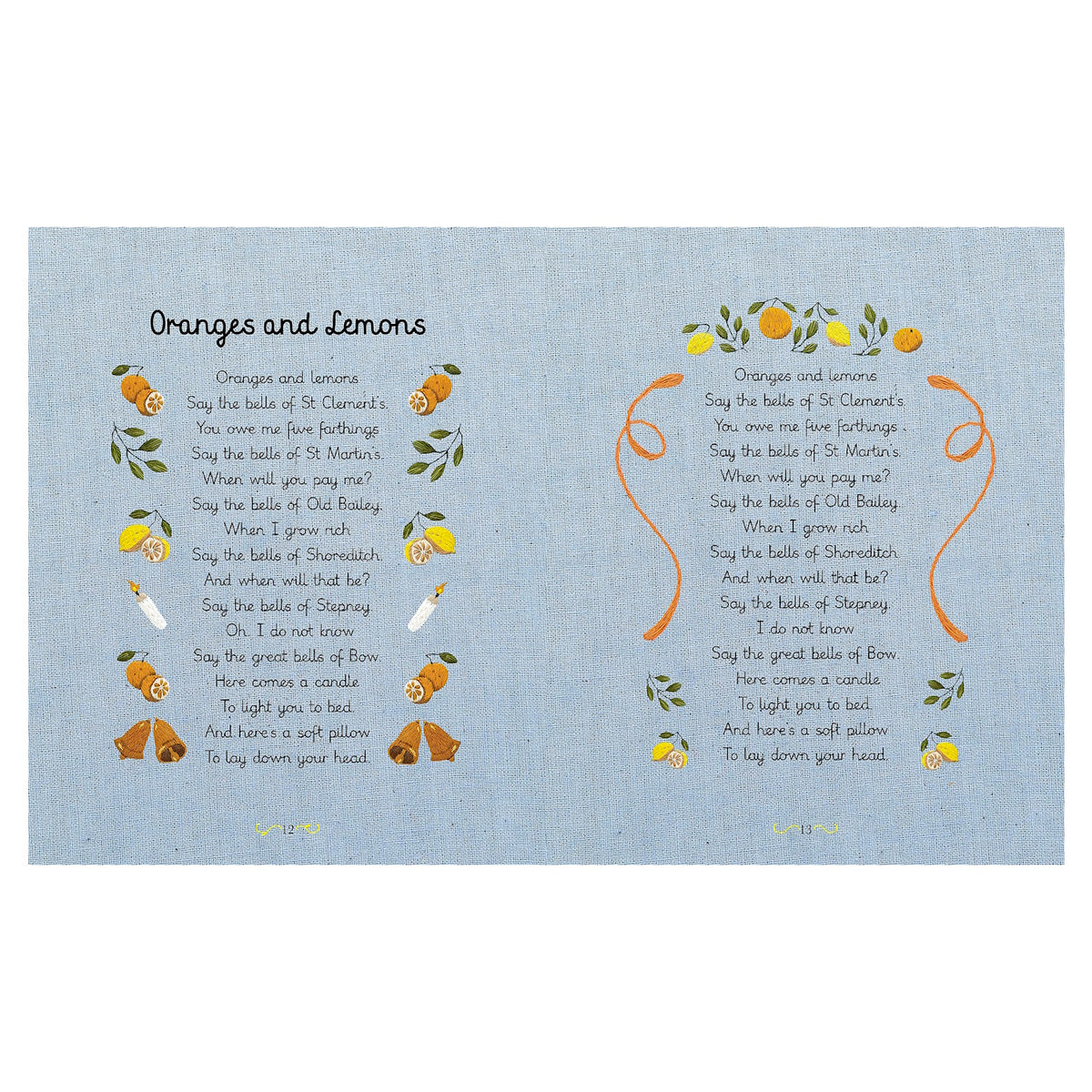 Illustrated children's book pages featuring the "Oranges and Lemons" nursery rhyme with citrus and bell embroidery art.
