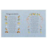 Illustrated children's book pages featuring the "Oranges and Lemons" nursery rhyme with citrus and bell embroidery art.