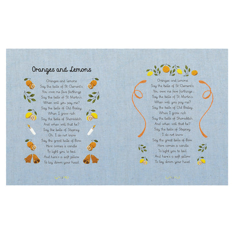 Illustrated children's book pages featuring the "Oranges and Lemons" nursery rhyme with citrus and bell embroidery art.