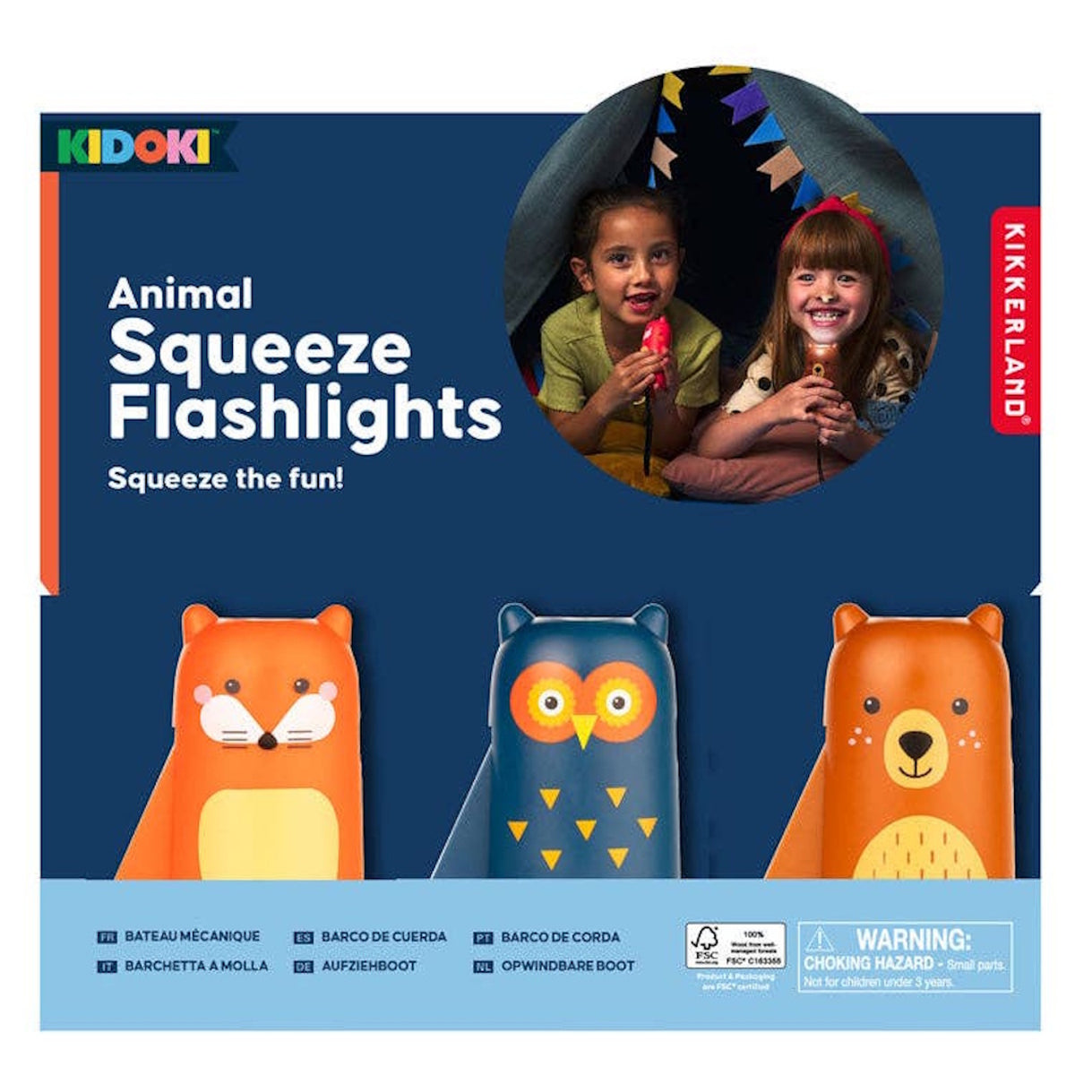 Packaging for Kidoki animal squeeze flashlights featuring fox, owl, and bear designs.