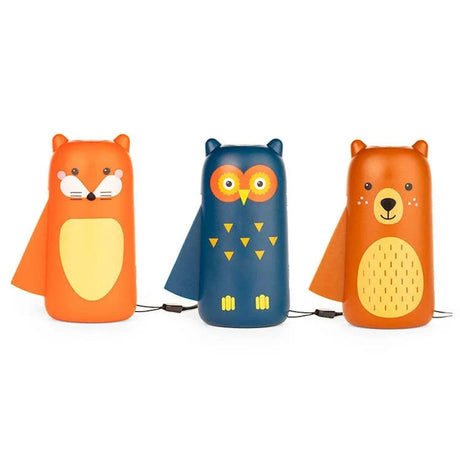 Three animal-shaped squeeze flashlights featuring an orange fox, blue owl, and brown bear.