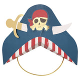 Blue paper pirate hat with a red-bandana skull, gold sword detail, and red-and-white striped trim.