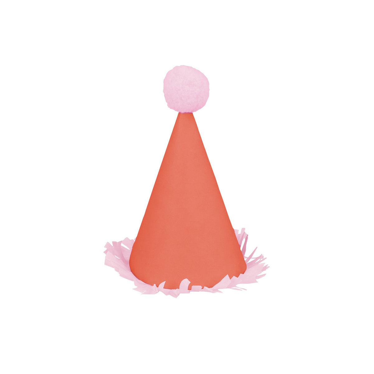 Red mini party hat with light pink pompom and fringe.