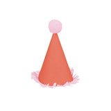 Red mini party hat with light pink pompom and fringe.