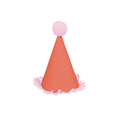 Red mini party hat with light pink pompom and fringe.