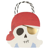 Pirate skull party bag with a red bandana, gold foil eye patch, and black and white twisted rope handles for kids' parties.
