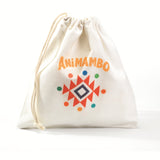 Animambo canvas drawstring bag with colorful geometric tribal pattern for kids toy storage.