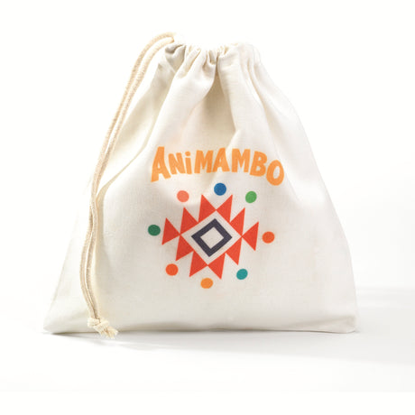 Animambo canvas drawstring bag with colorful geometric tribal pattern for kids toy storage.