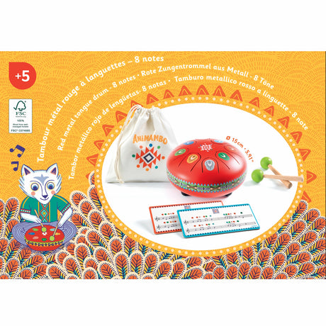 Djeco Animambo Red Metal Tongue Drum for kids with 8 notes, mallets, carry bag, and music scores.