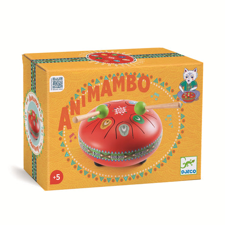 Djeco Animambo steel tongue drum for kids in colorful packaging with mallets, musical toy for ages 5 and up.