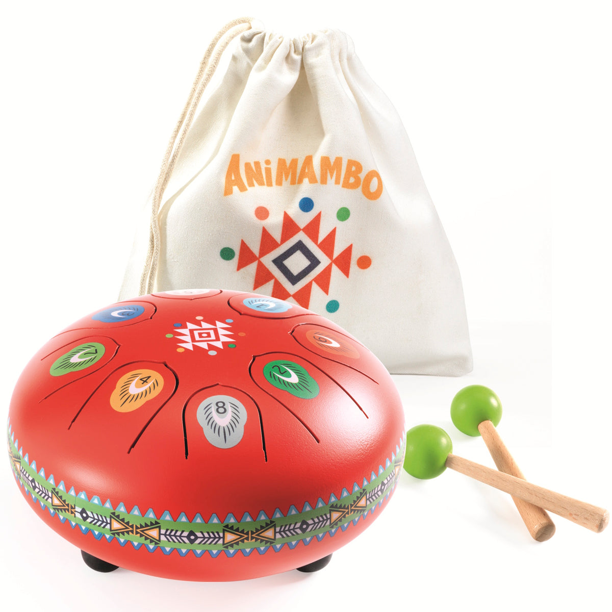 Red Animambo steel tongue drum for kids with two green mallets and a white canvas carrying bag.