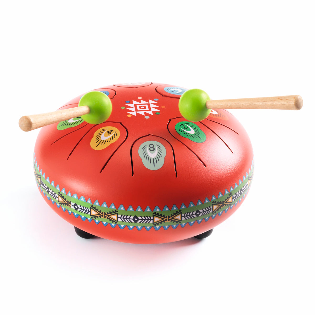 Red steel tongue drum with colorful geometric patterns and two green-tipped mallets for meditation and music.
