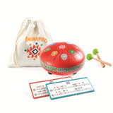 Djeco Animambo children's steel tongue drum set with mallets, music scores, and storage bag.
