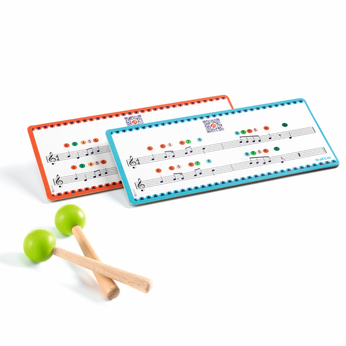 Djeco musical score cards with color-coded notes and wooden mallets for kids' xylophone or glockenspiel.