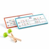 Djeco musical score cards with color-coded notes and wooden mallets for kids' xylophone or glockenspiel.