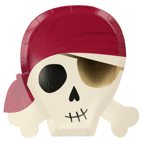 A pirate skull paper plate wearing a red bandana and a gold eyepatch.