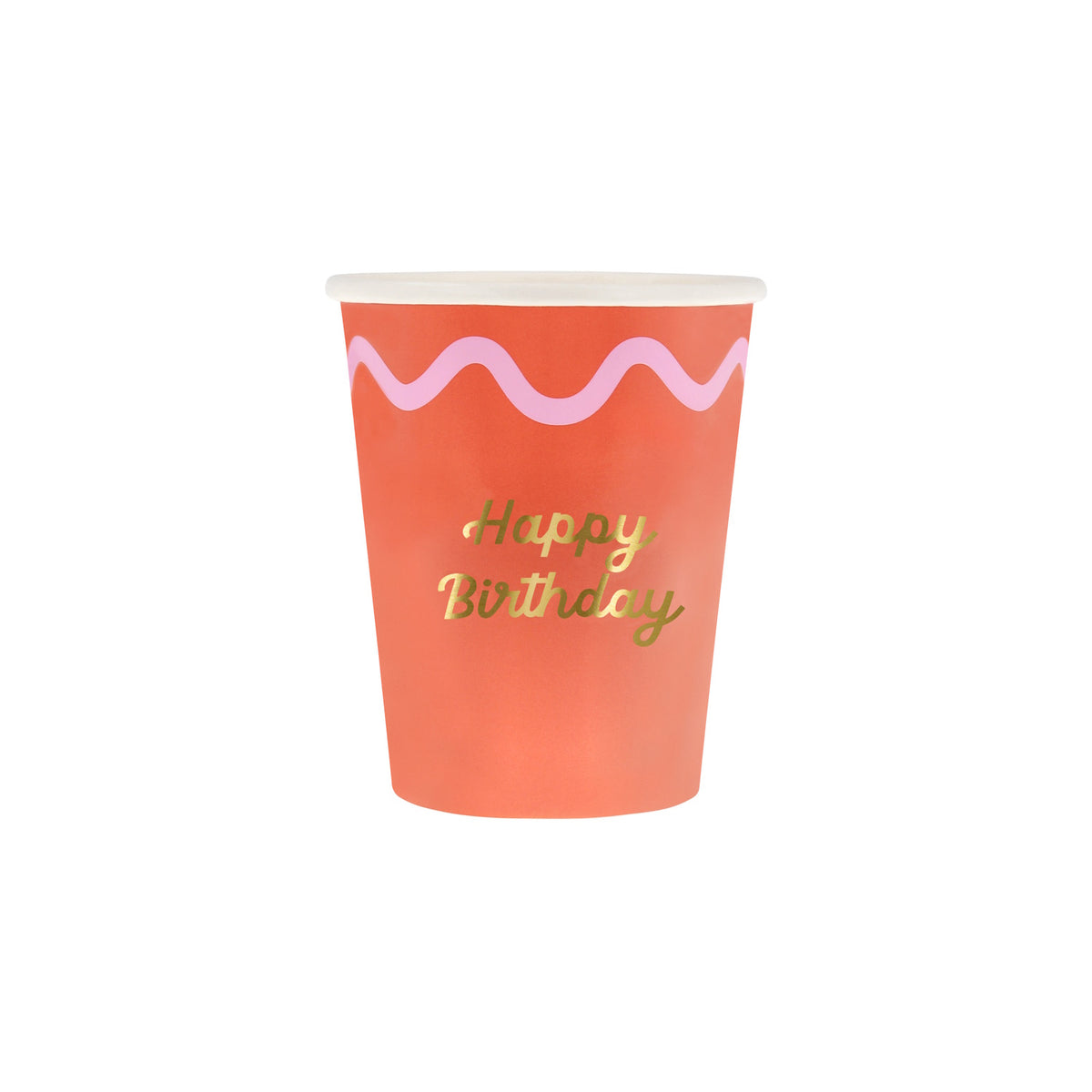 Red paper cup with a pink wavy line and gold script reading "Happy Birthday" on a white background.