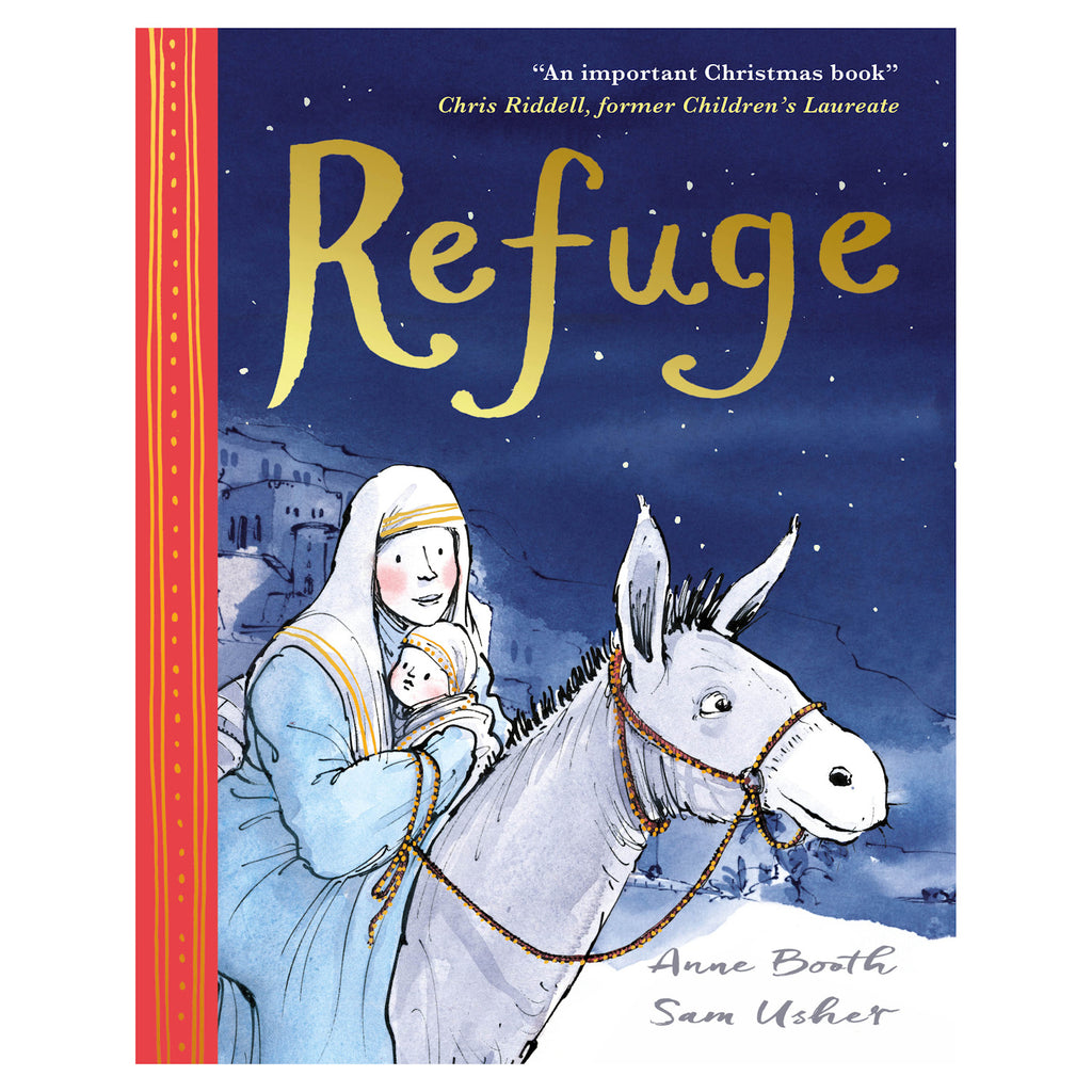 Book cover titled "Refuge" shows a serene illustration of a cloaked figure holding a baby, riding a donkey under a starry night sky. A village is in the background.