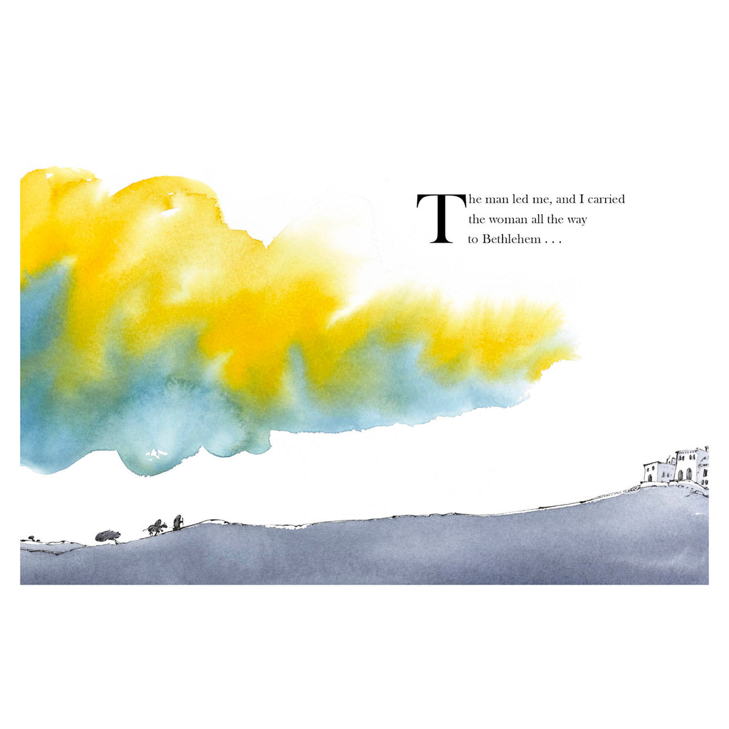 A watercolor landscape shows a rolling hill in muted gray with small houses on the right. Above, vibrant yellow and blue clouds spread across a white sky. Text: "The man led me, and I carried the woman all the way to Bethlehem..."