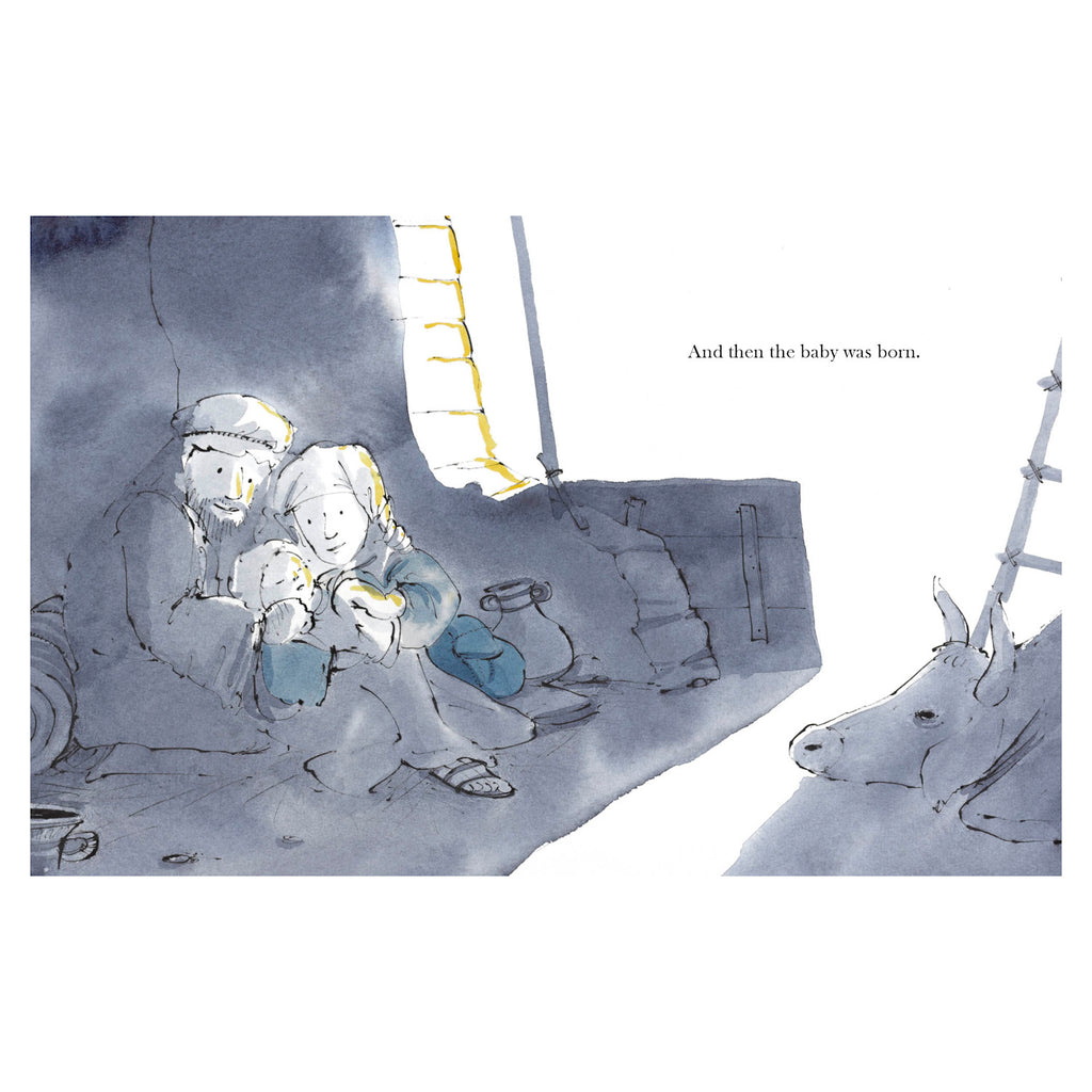 A tender watercolor illustration depicts a couple warmly embracing a newborn in a dimly lit stable. A curious donkey peeks in from the right. The atmosphere is peaceful and intimate.