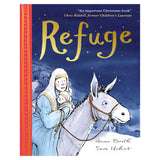 "Refuge" children's Christmas book cover featuring Mary, Baby Jesus on a donkey, by Anne Booth and Sam Usher.