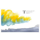 Watercolor illustration of a donkey carrying a woman to Bethlehem under a yellow and blue sky, from the book Refuge.