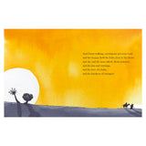 Watercolor illustration of a yellow sunset over a dark hill, featuring silhouettes of a family on a journey.