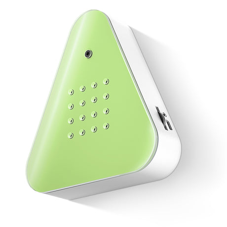 A triangular green device with a smooth surface, featuring a small camera and multiple circular holes on the front. It conveys a modern, minimalist design.