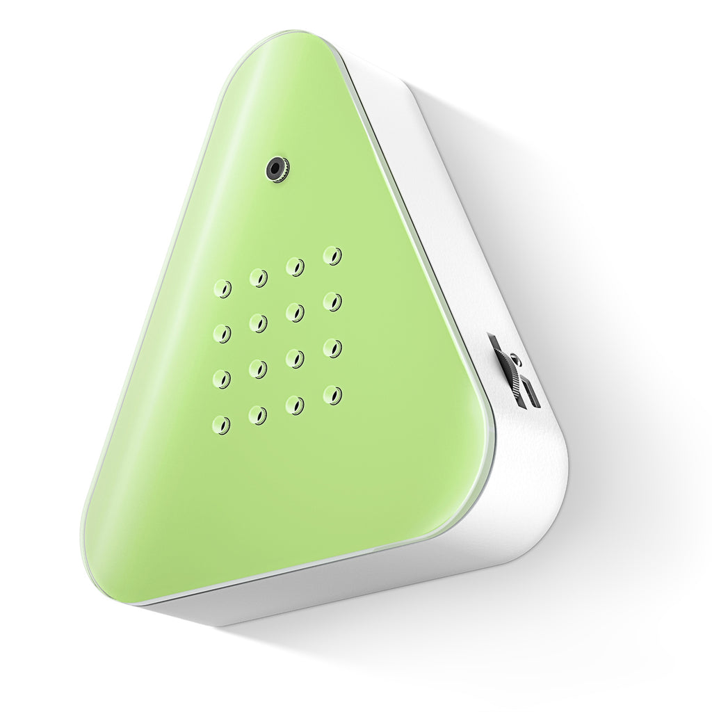 A triangular green device with a smooth surface, featuring a small camera and multiple circular holes on the front. It conveys a modern, minimalist design.