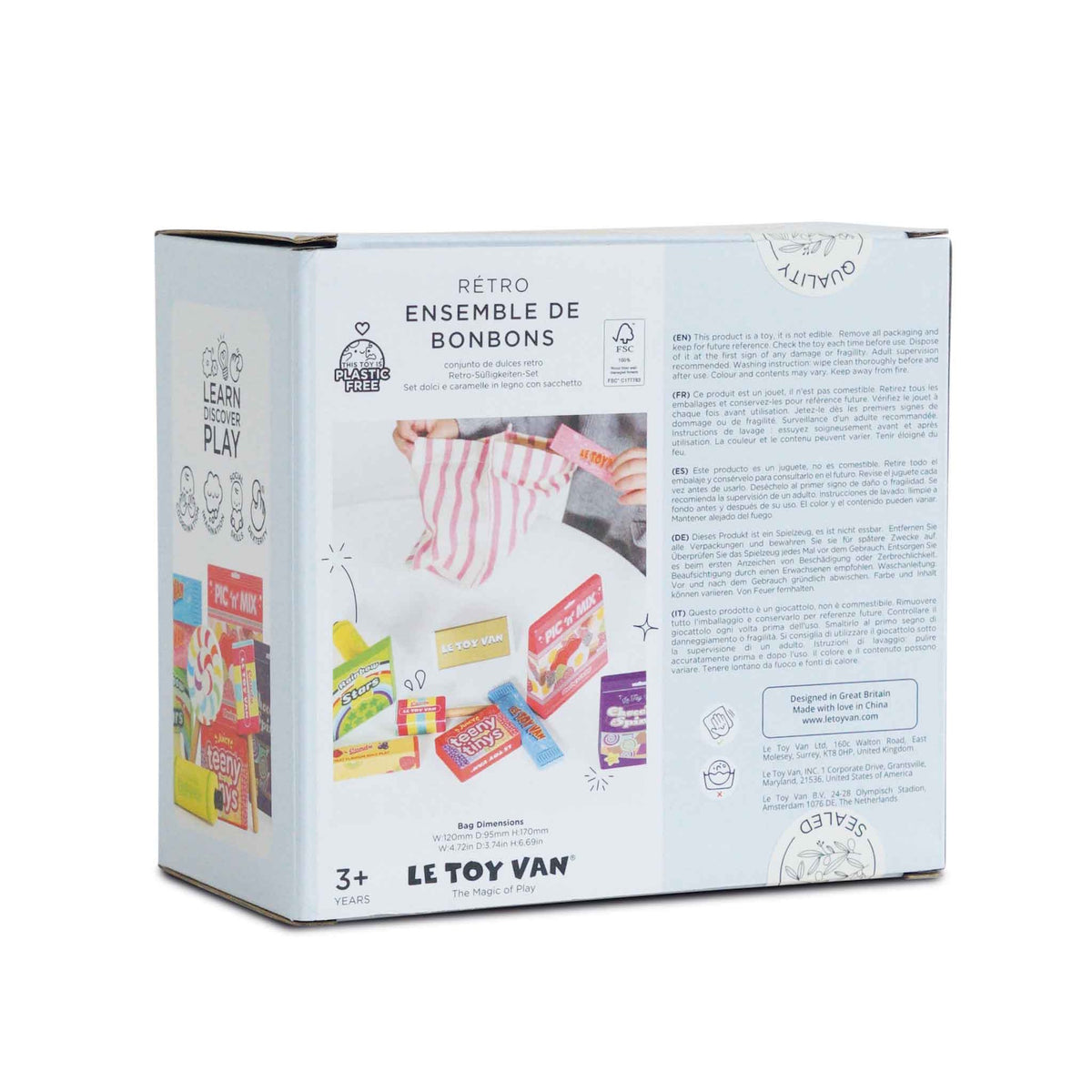 Back packaging of Le Toy Van retro sweet set displaying product details and bag dimensions.