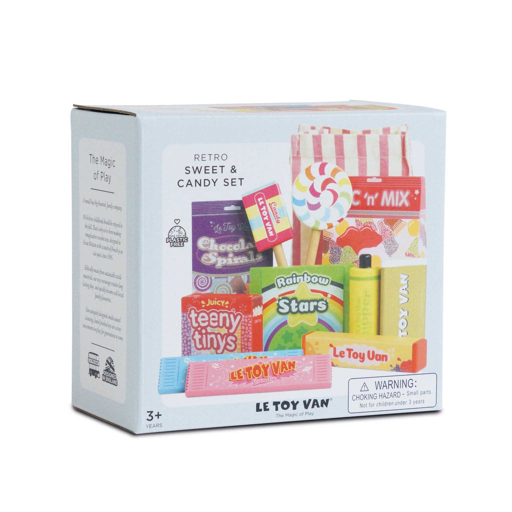 Box of retro sweets toy set with colorful packaging, featuring imitation candy bars, lollipops, and sweet bags. Labeled for ages 3 and up.