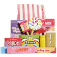 Wooden retro candy and sweet roleplay set with lollipops, boxes, and striped fabric bag.