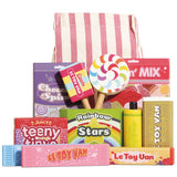 Wooden retro candy and sweet roleplay set with lollipops, boxes, and striped fabric bag.