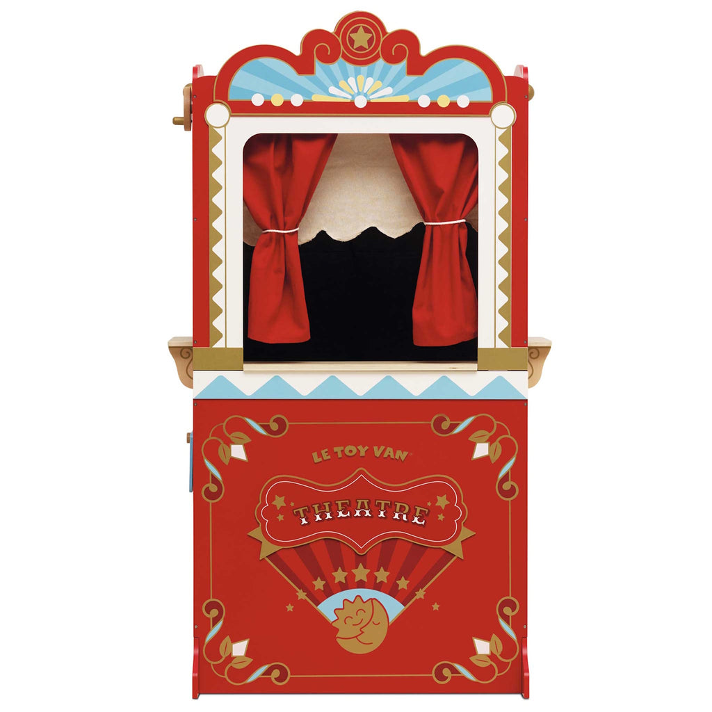 Red vintage-style puppet theater with a ticket booth. Features ornate decorations, star motifs, and red curtains. Charming, playful, and nostalgic.