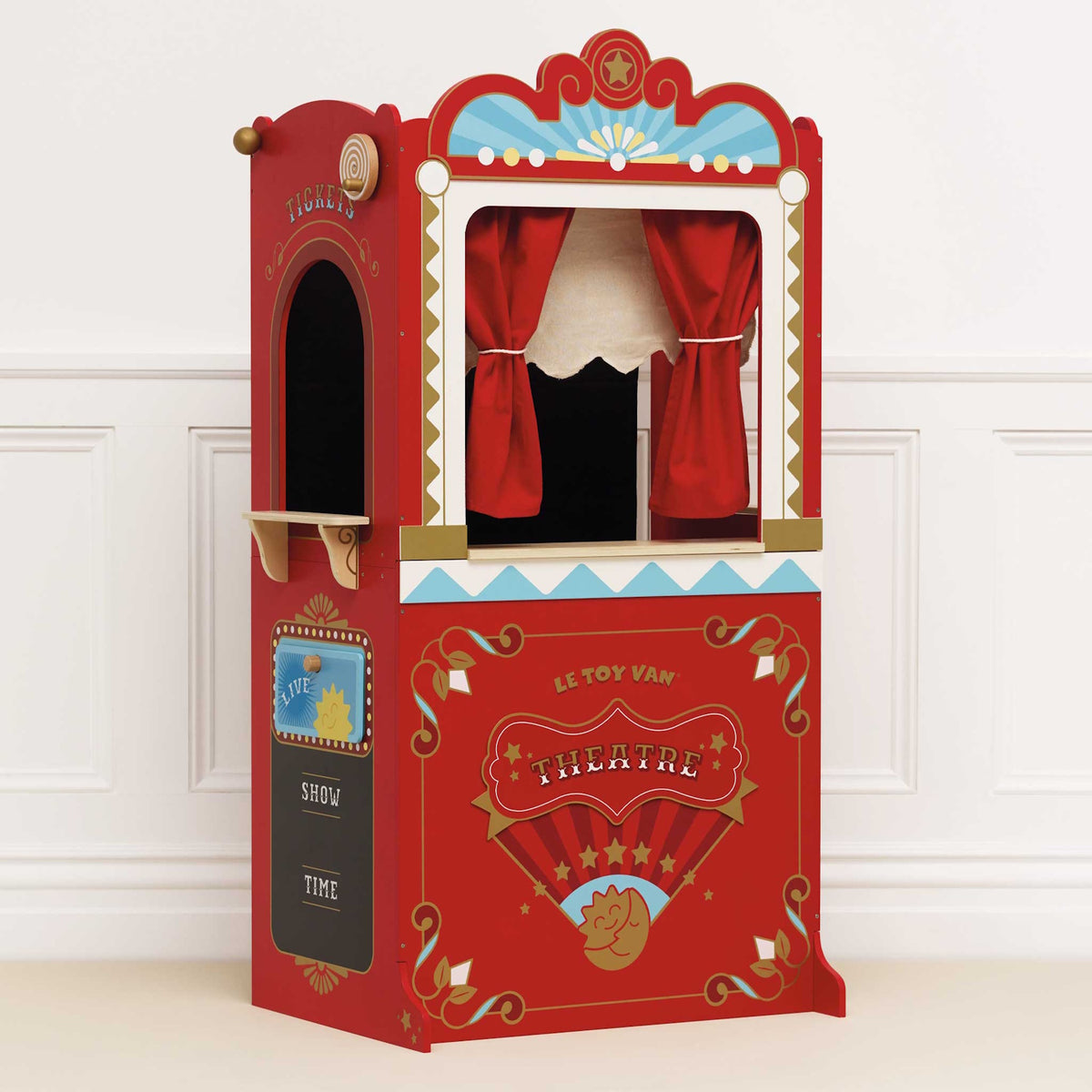 Red vintage-style puppet theater with a ticket booth. Features ornate decorations, star motifs, and red curtains. Charming, playful, and nostalgic.
