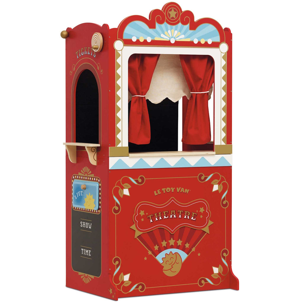 Red vintage-style puppet theater with a ticket booth. Features ornate decorations, star motifs, and red curtains. Charming, playful, and nostalgic.