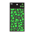 Glow-in-the-dark astronaut and space-themed stickers, including aliens, rockets, stars, planets, and UFOs. The tone is playful and adventurous.