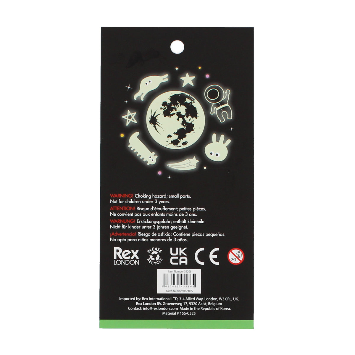 Glow-in-the-dark stickers package, featuring celestial and space-themed designs like stars, planets, and an astronaut on a black background. Warning: small parts.