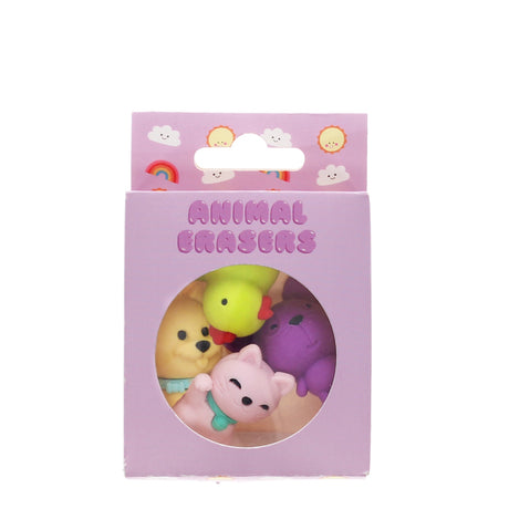 Box of colorful animal erasers in pink packaging. Visible characters include a yellow duck and pink cat. Cheerful cloud and rainbow motifs adorn the top.
