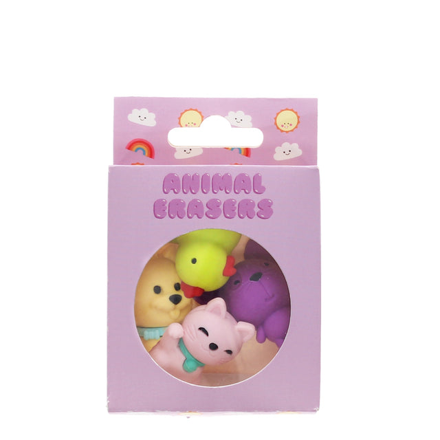Box of colorful animal erasers in pink packaging. Visible characters include a yellow duck and pink cat. Cheerful cloud and rainbow motifs adorn the top.