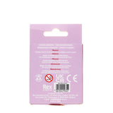 The image shows the back of a purple package for animal-shaped erasers. It features multilingual warning text about choking hazards for children under three, recycling symbol, and a barcode at the bottom.