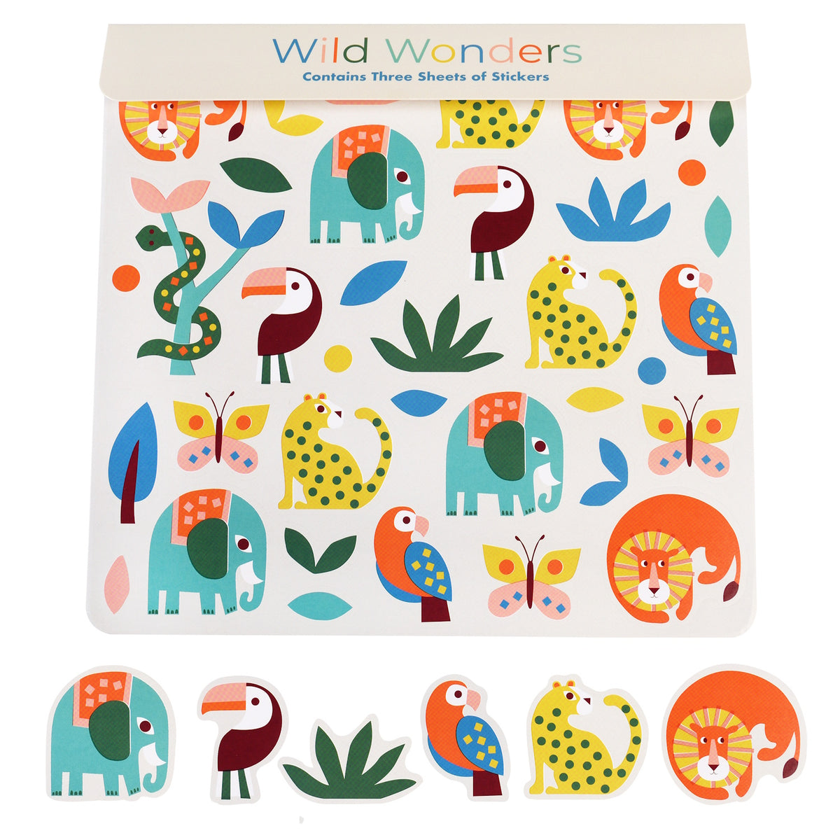 Bright sticker sheet with colorful animals and plants, featuring elephants, toucans, leopards, lions, and butterflies. Cheerful and playful design.